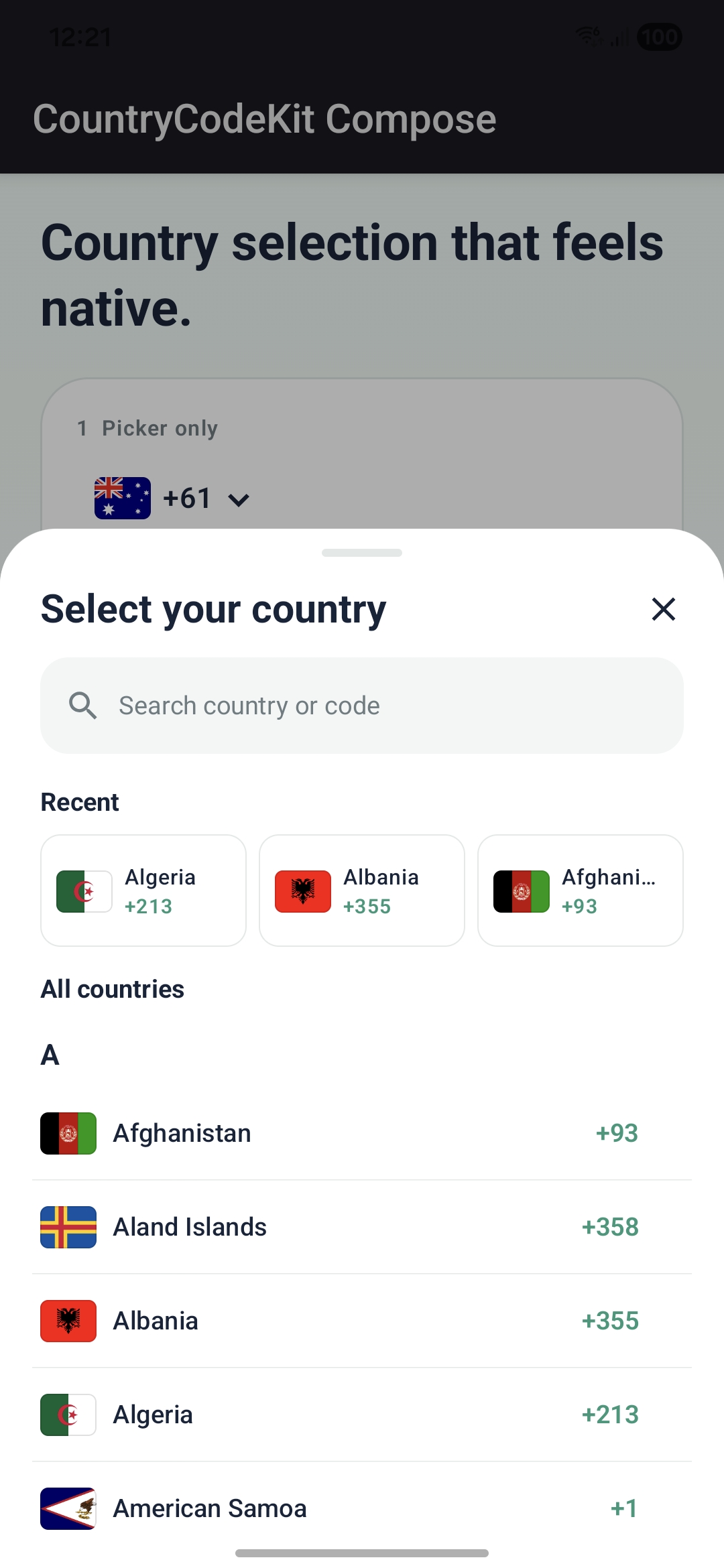 CountryCodeKit picker using the bottom sheet presentation