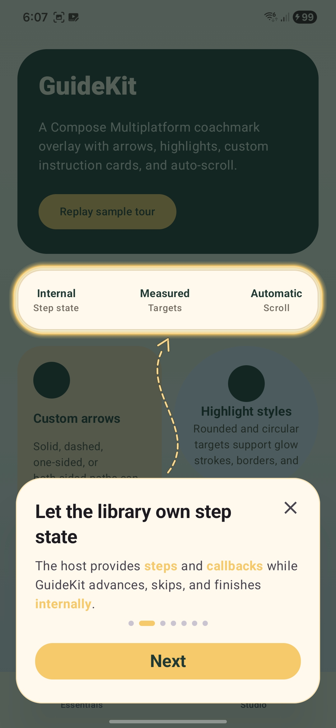 GuideKit highlighting the measured status strip with a dashed arrow
