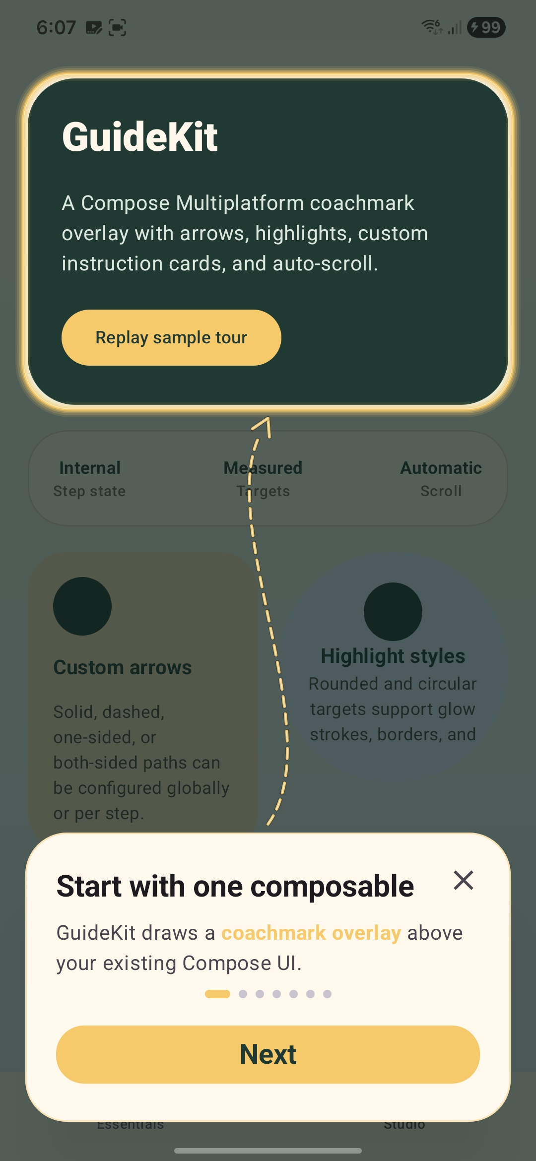 GuideKit highlighting the main sample card with a coach mark
