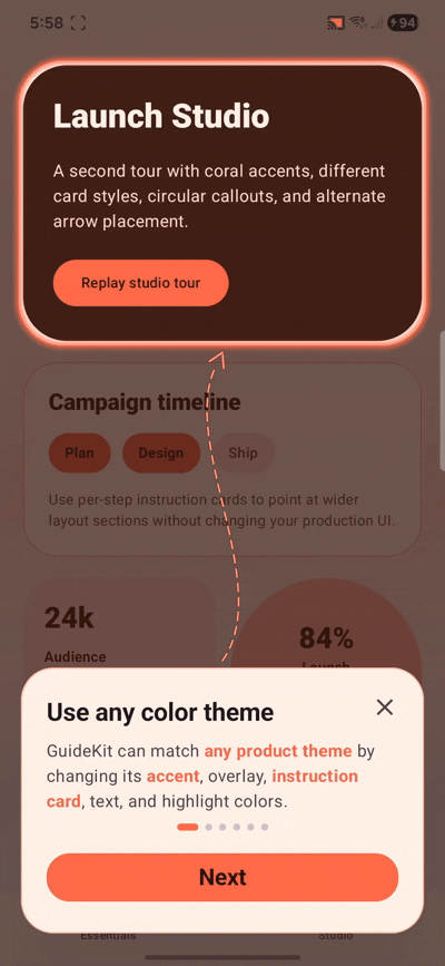 GuideKit Studio tour with coral styling and alternate arrow designs